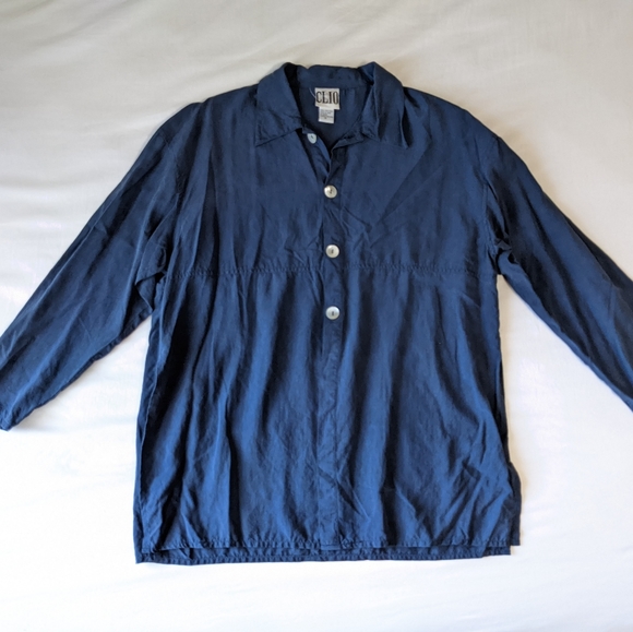 100% silk Long Sleeve Button Down Shirt Navy Blue Medium Clio - Picture 4 of 10